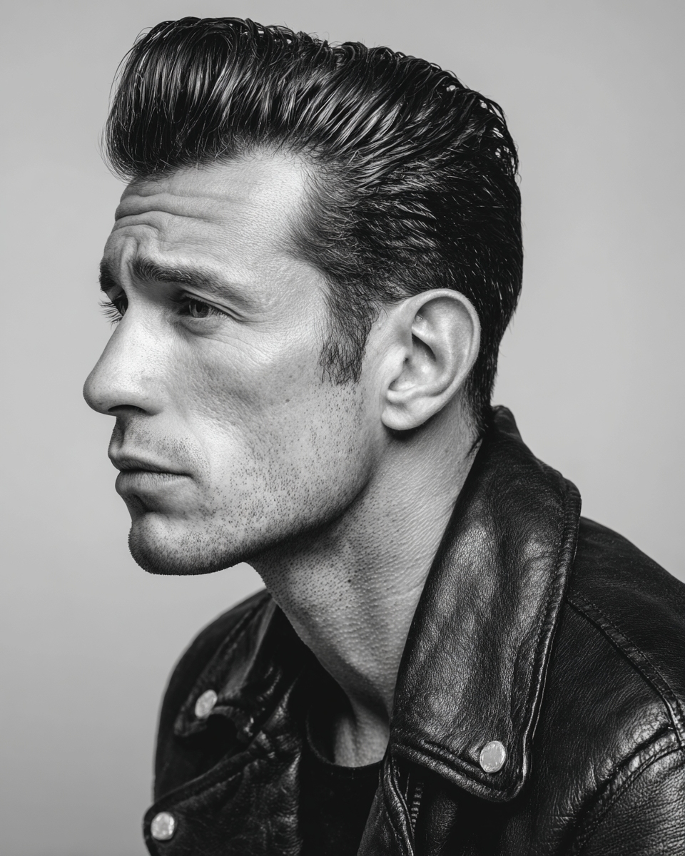 Man with slick classic 1950s pompadour haircut, greaser look, leather jacket strong side profile black and white editorial
