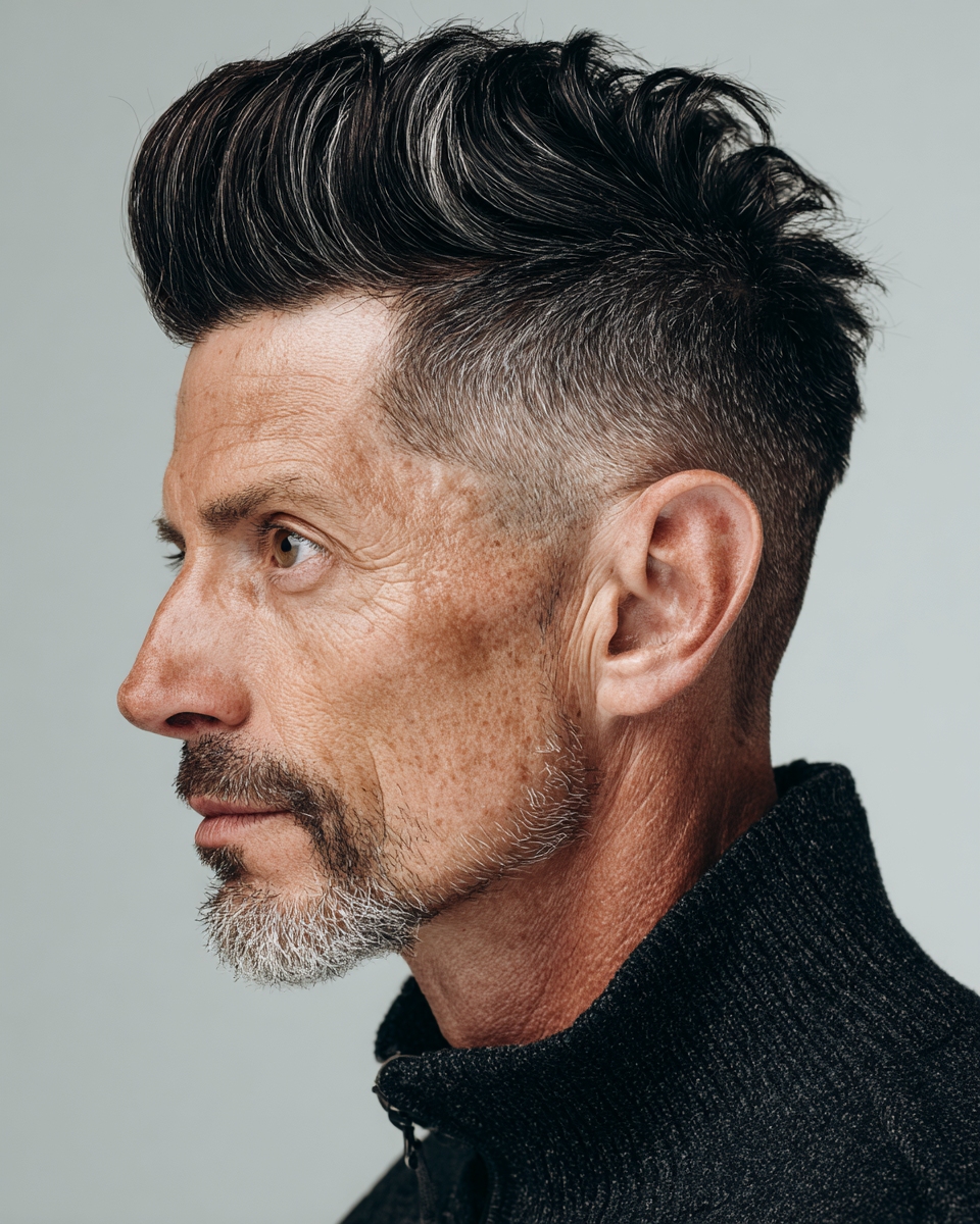 High volume modern pompadour, textured salt and pepper hair swept up, contemporary editorial portrait