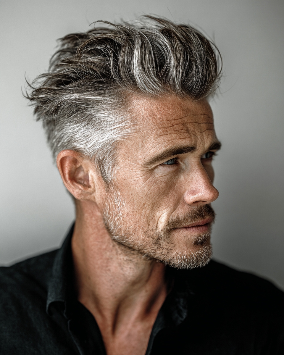 flowing silver gray pompadour, natural movement, side profile editorial portrait