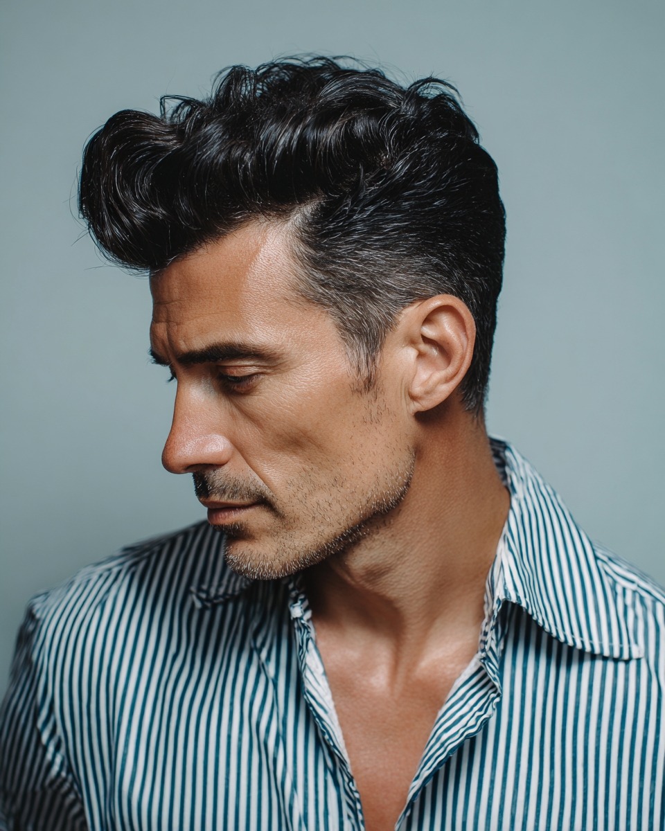 Latino man with pompadour hairstyle, dark wavy hair natural volume, side profile casual editorial portrait