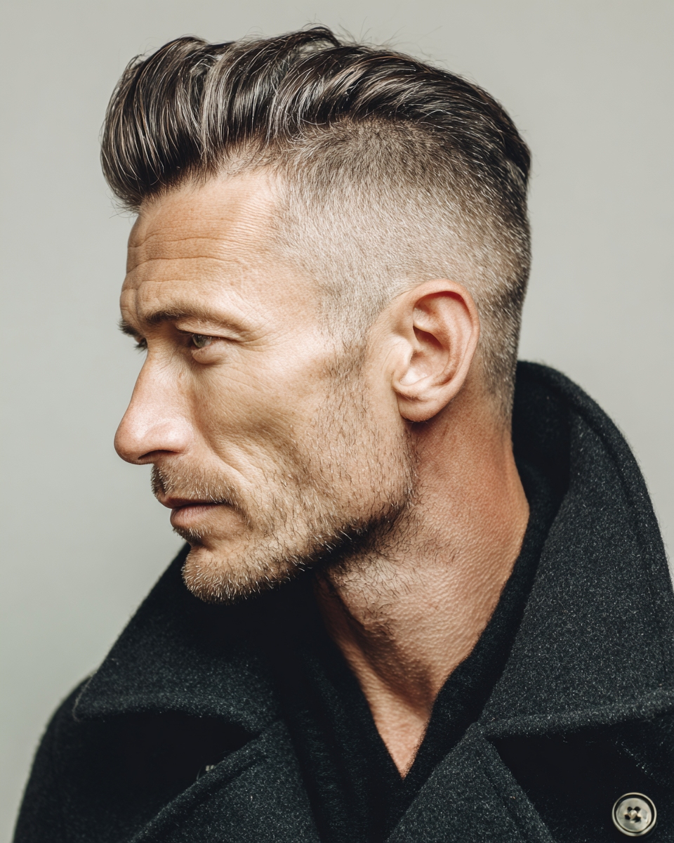 Man over 50 with modern pompadour hairstyle, skin fade, coat, side profile editorial portrait