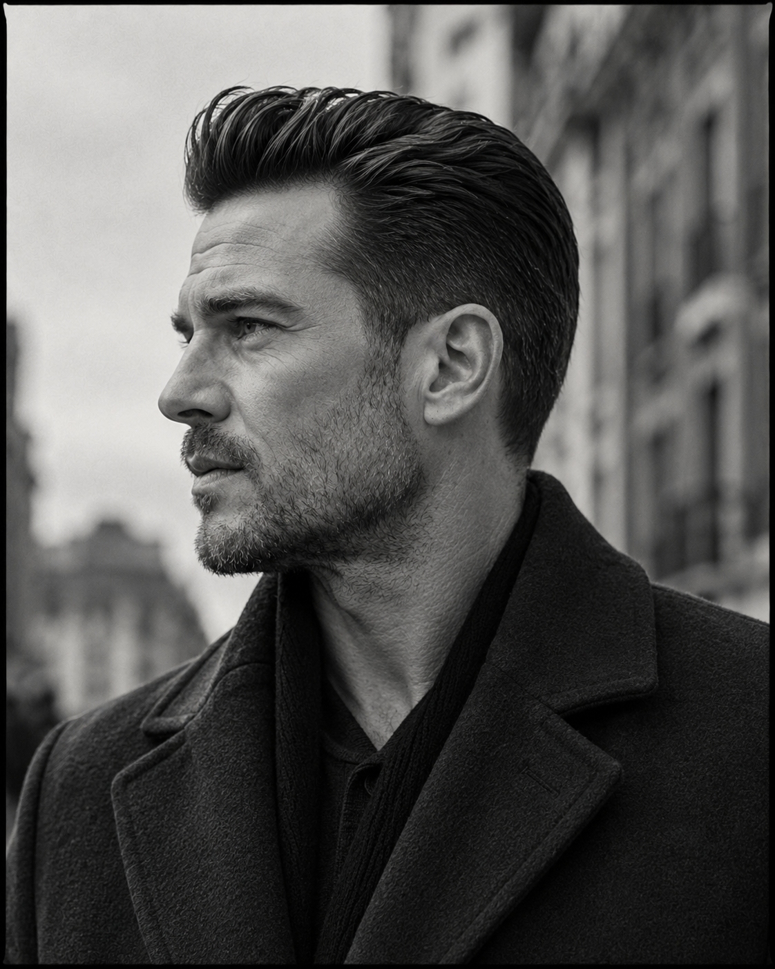 Man with classic modern pompadour hairstyle, swept back volume, street portrait black and white