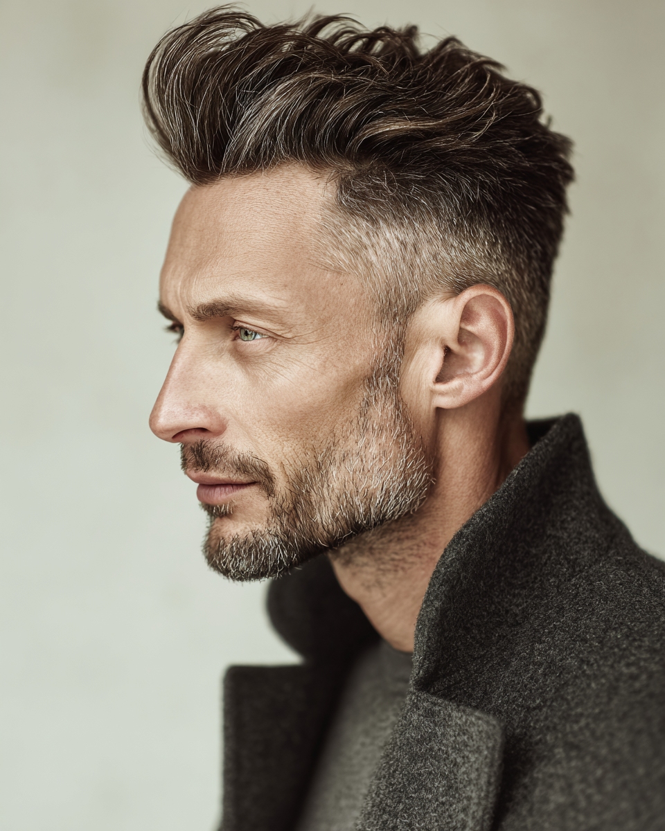 textured modern pompadour and short beard, side profile casual editorial portrait