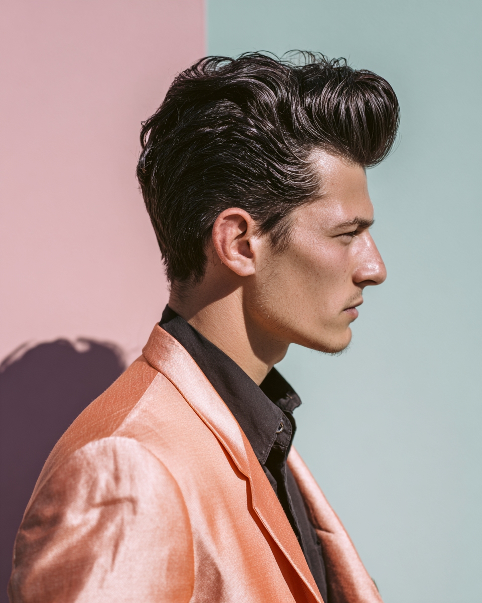 Man with 1950s-inspired modern pompadour, colorful editorial portrait, volume swept back side profile