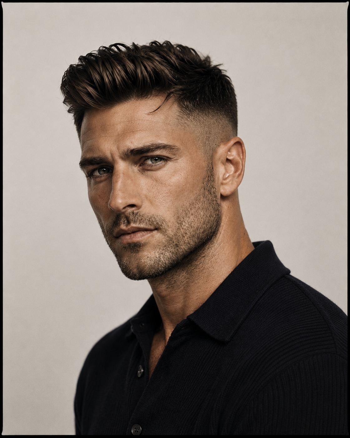 Man with modern textured pompadour hairstyle, front facing confident portrait, short sides clean cut