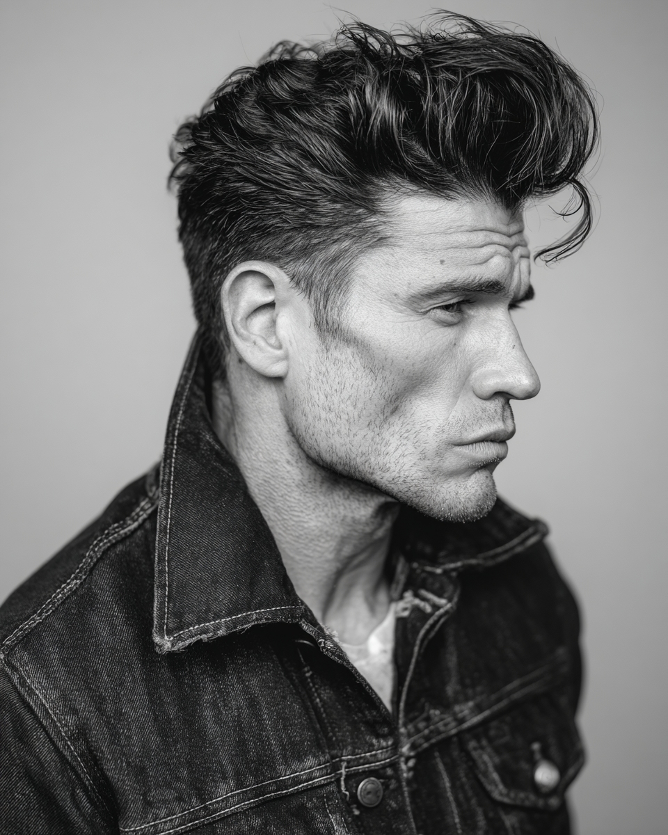 Man with textured rock pompadour hairstyle, denim jacket, natural movement black and white editorial portrait