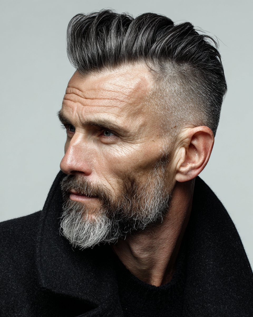 Man with modern pompadour and skin fade, side profile, strong contrast sides, mature editorial portrait
