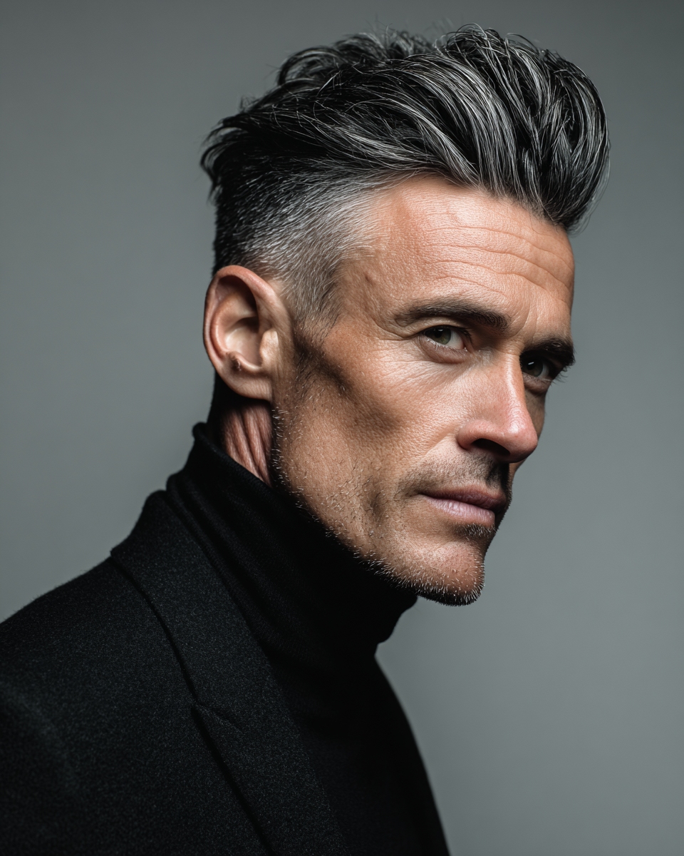 Man with clean gray pompadour hairstyle, turtleneck, side profile, professional distinguished editorial