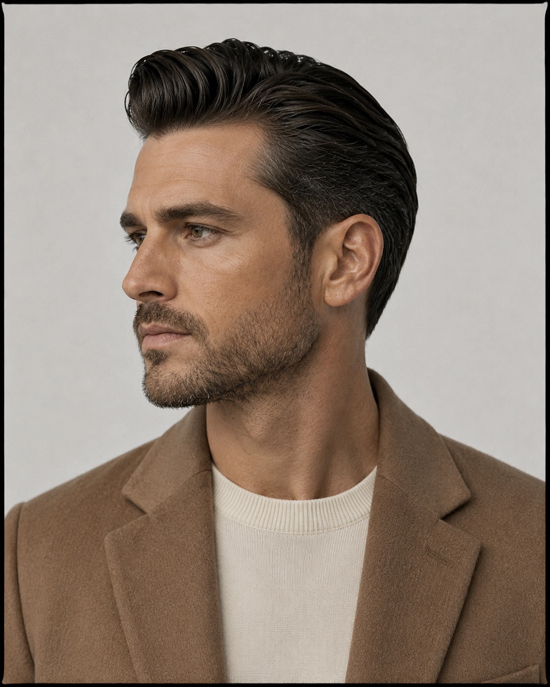 Man with low modern pompadour hairstyle, camel coat side profile, swept back minimal volume, professional look
