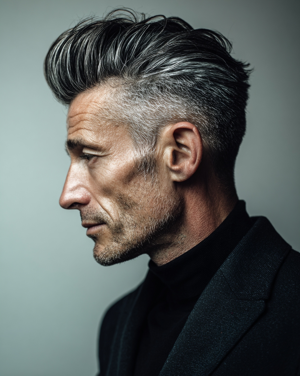 Man with classic gray modern pompadour, salt and pepper hair, low fade side profile editorial portrait