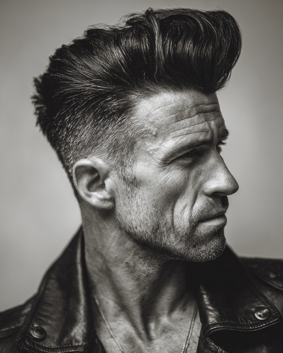 Man with rock and roll high volume pompadour, leather jacket, strong side profile, black and white editorial