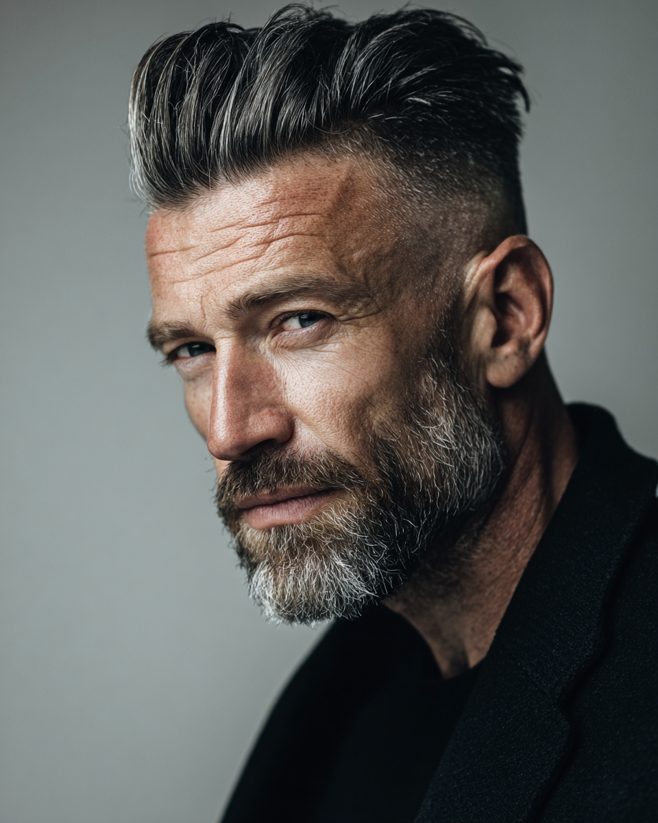 salt and pepper swept back pompadour and beard, front facing mature confident editorial portrait