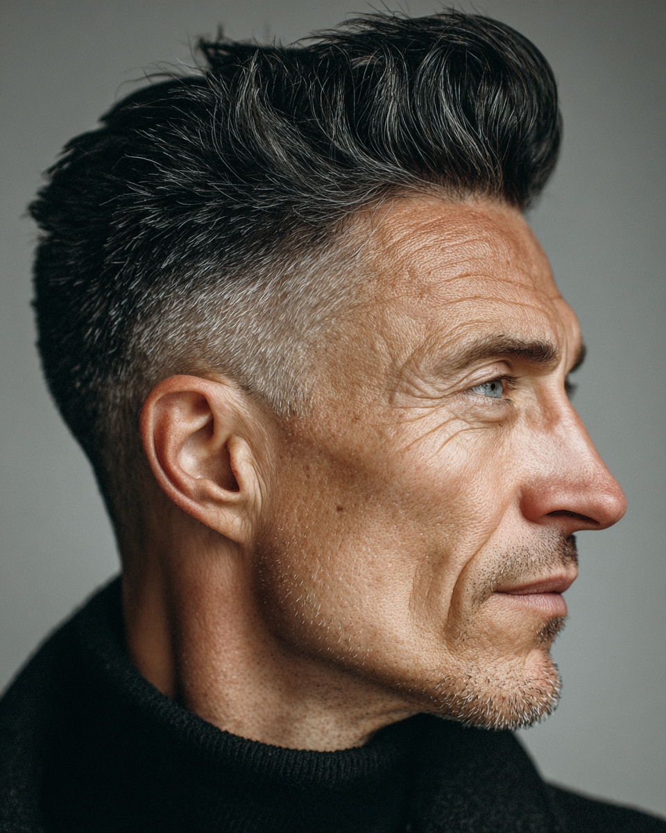 salt and pepper modern pompadour hairstyle, mixed dark and gray hair swept back, low fade, mature confident