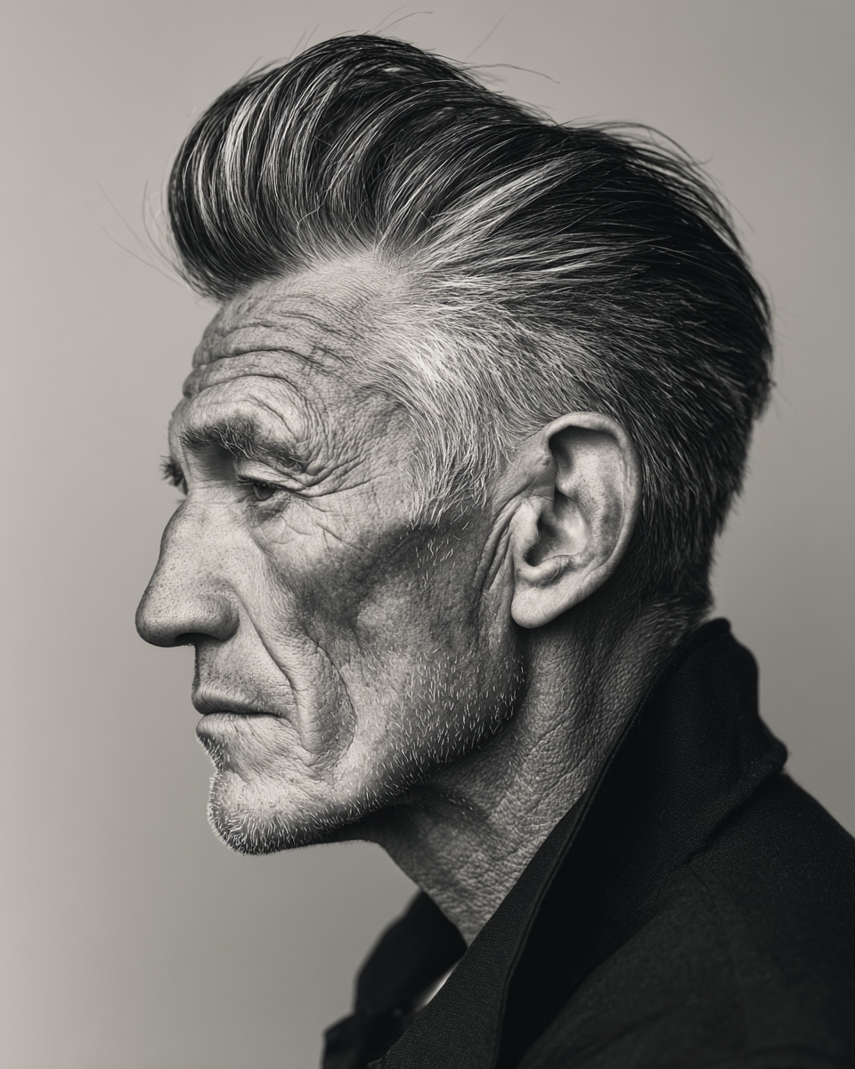Senior man with modern pompadour hairstyle, dramatic swept volume, black and white editorial portrait