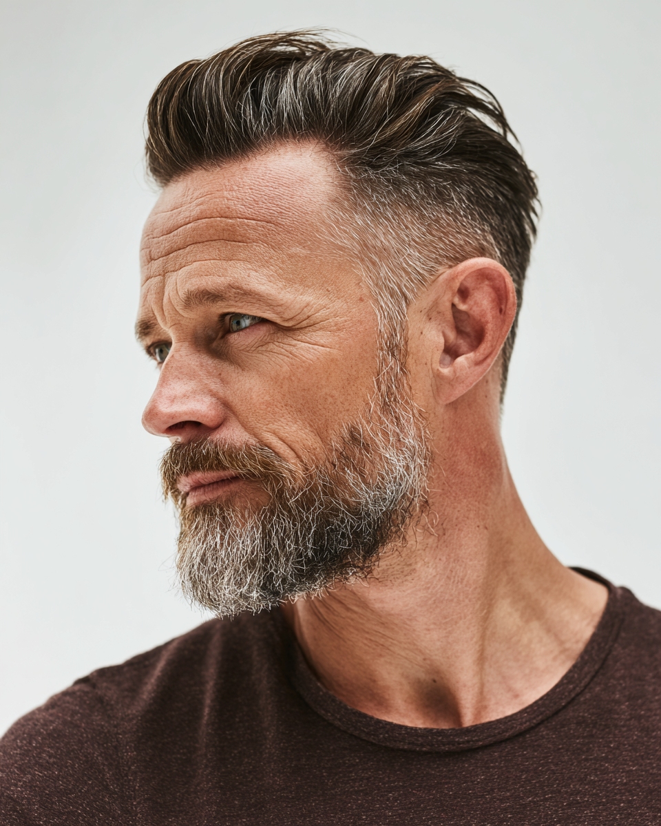 Man with modern pompadour hairstyle and well-groomed beard, fade connecting hair to beard, mature editorial