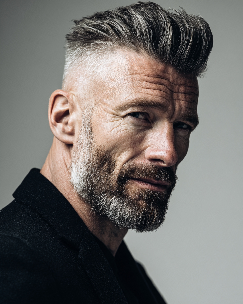modern pompadour hairstyle and beard, silver swept back volume, skin fade, distinguished editorial