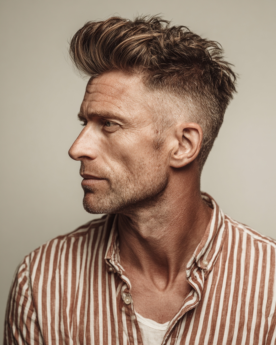 Caucasian man with high textured pompadour, casual shirt, side profile, contemporary editorial portrait