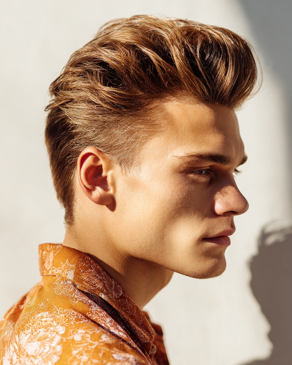 Young man with textured pompadour hairstyle, golden highlights, warm side profile, editorial portrait