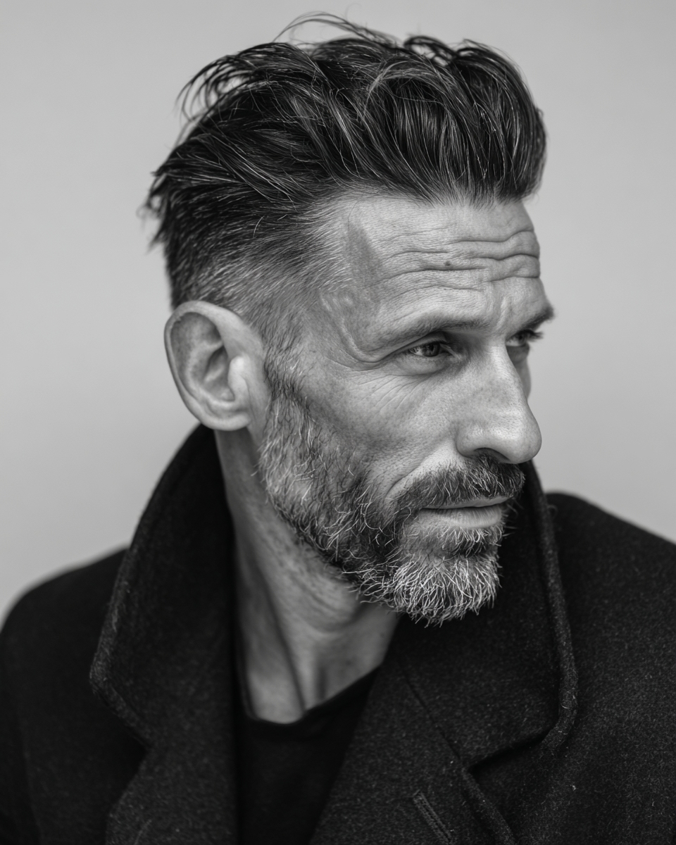 Man with textured gray pompadour and beard, black and white editorial portrait, distinguished mature look