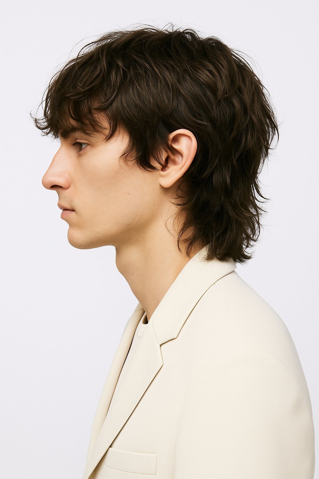Side profile of a male wolf cut hairstyle, showing layered texture on top and longer length at the back — modern wolf cut for men.