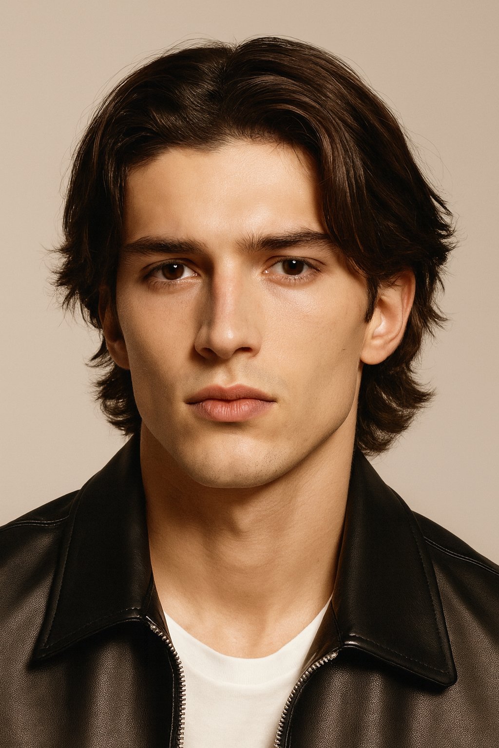 Man with a hybrid flow-wolf cut hairstyle — middle-parted with smooth front layers and choppier, textured ends at the back, blending flow and wolf cut aesthetics.