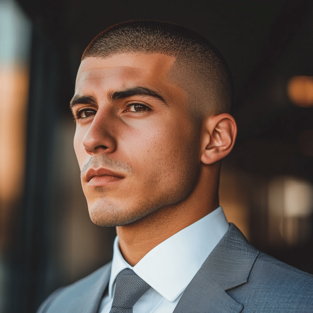 sharp buzz cut for formal occasions