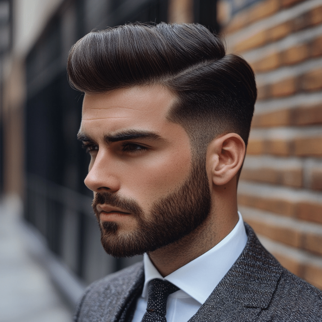 Stylish man with modern pompadour hairstyle with tapered sides