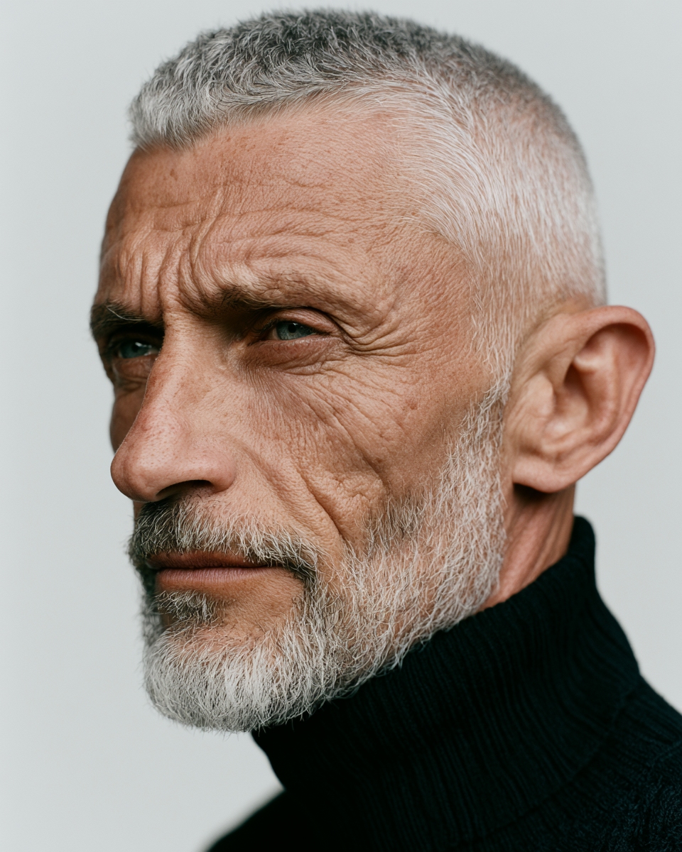 senior man with silver close crop haircut