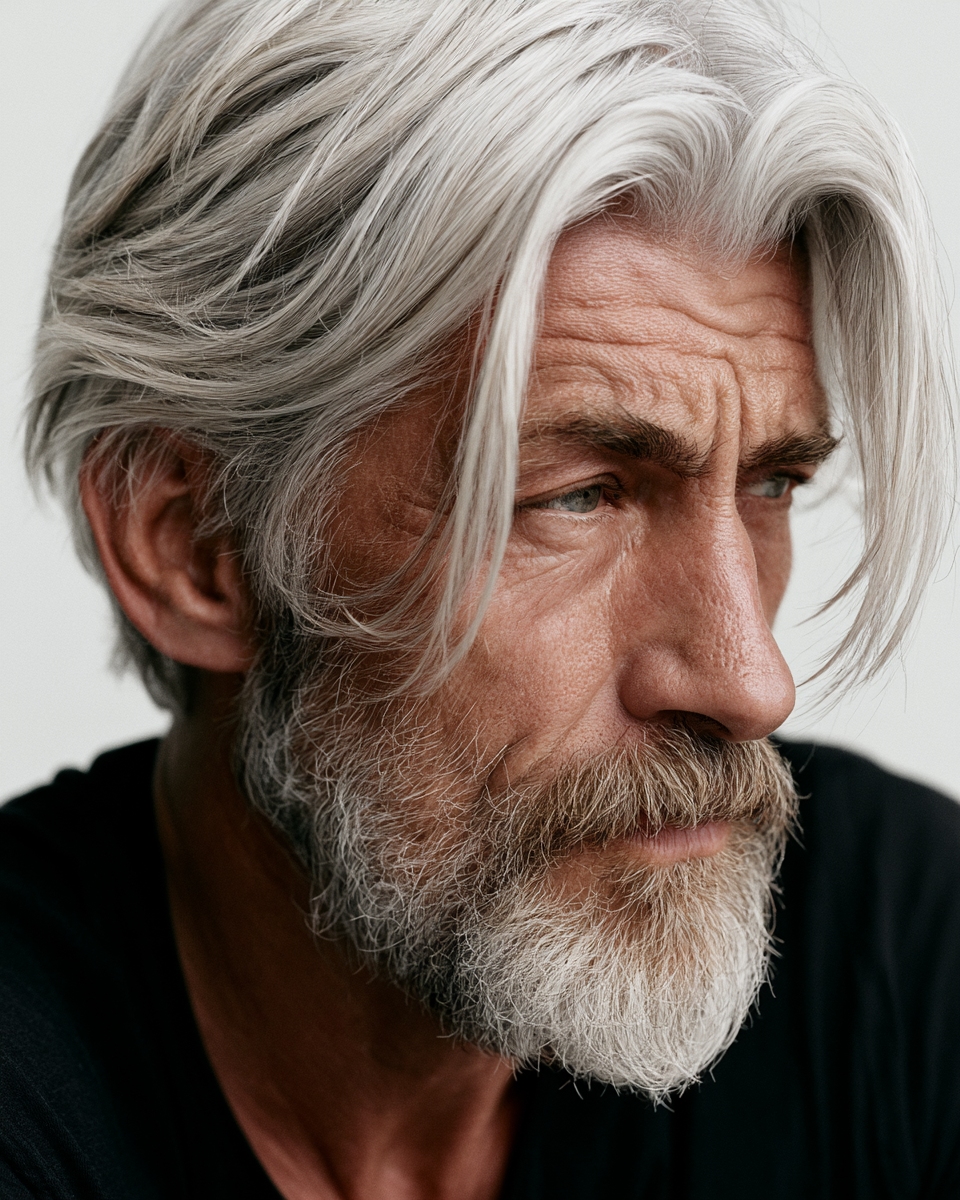 senior man with layered silver flow haircut
