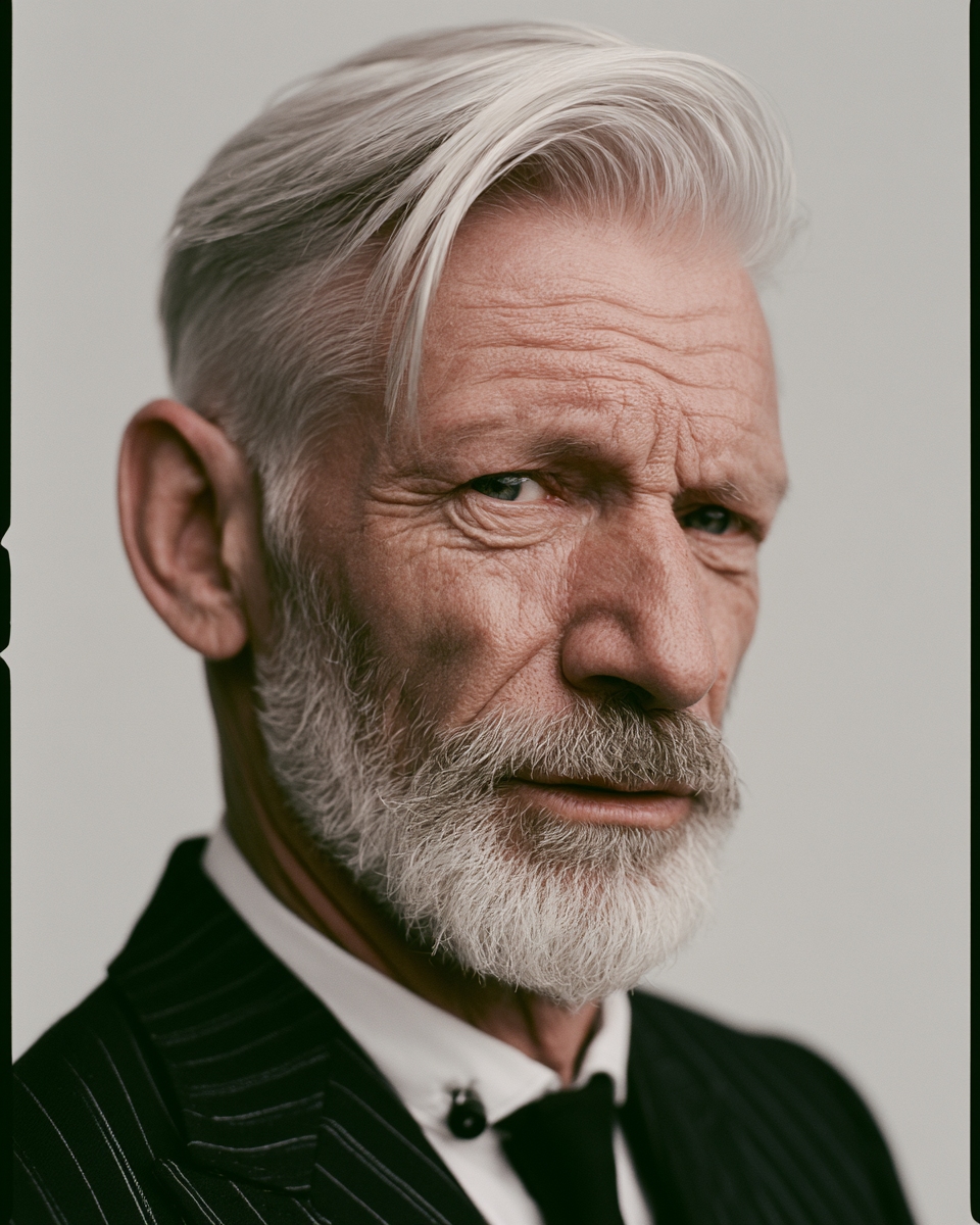 senior man with long silver side swept hairstyle