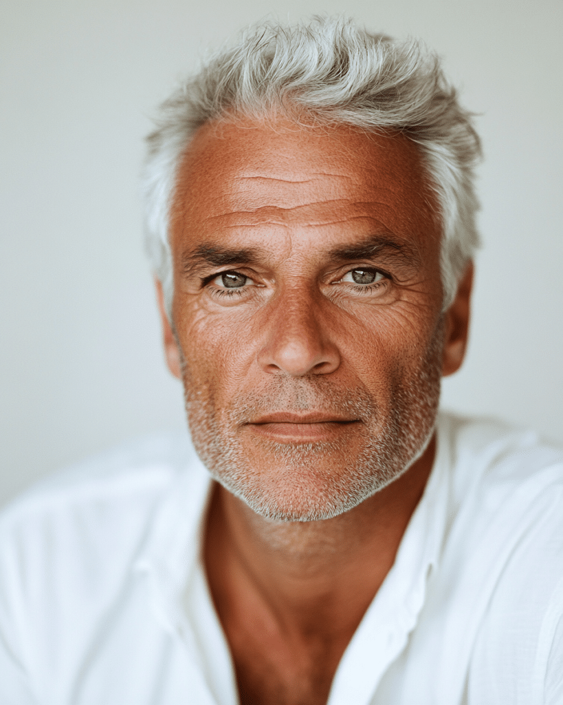 an image of a senior man over 60 with natural hair and shaven beard