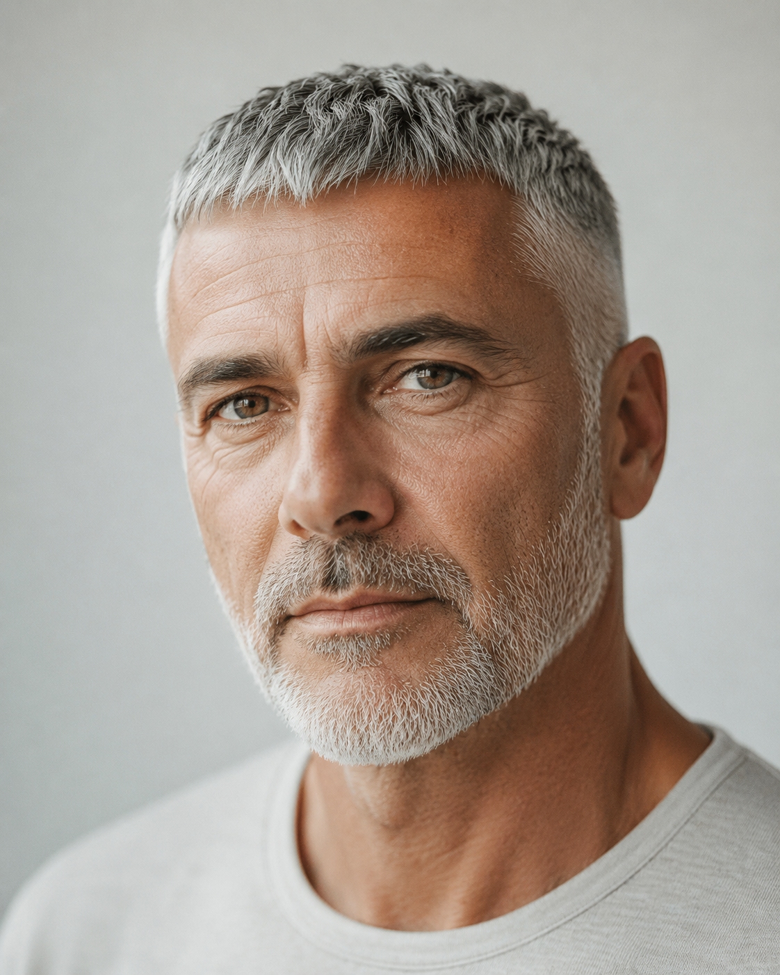 senior male over 60 with a modern french crop haircut