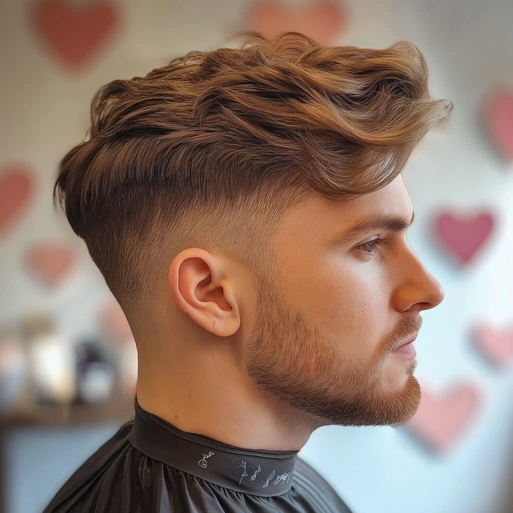 a guy with a disconnected undercut haircut with top layering and fade sides