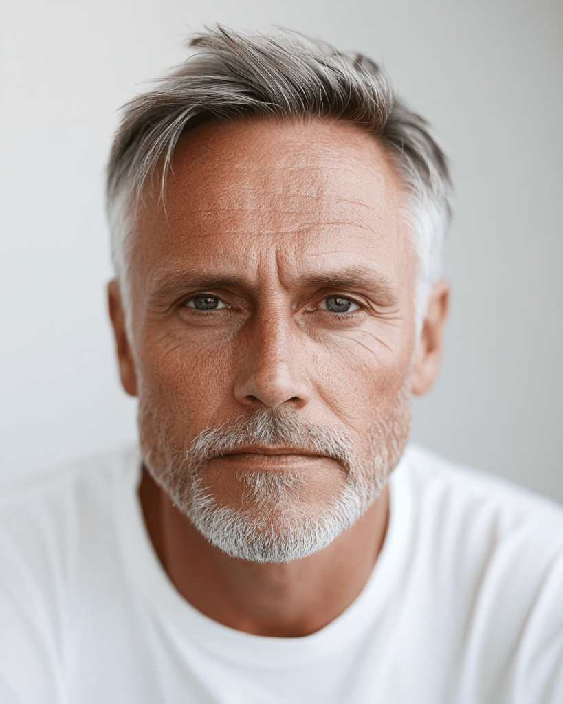 mature men over 60 with stylish white-gray haircut