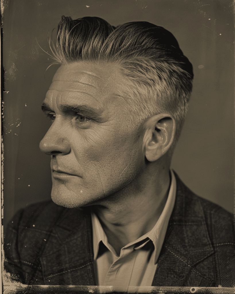 a photography of a man over 60 with a stylish pompadour