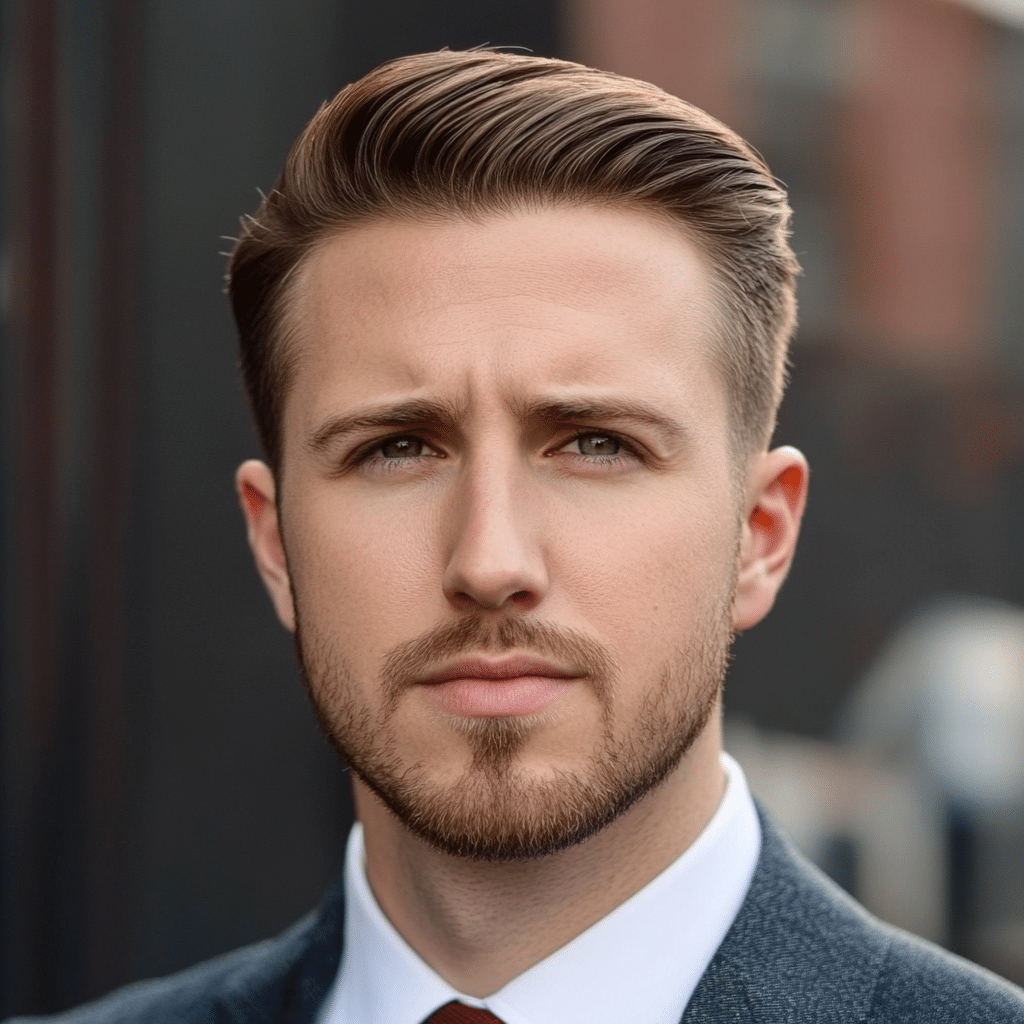 Corporate executive with Ivy League haircut, short sides with longer top, business meeting setting, wearing charcoal gray suit and tie