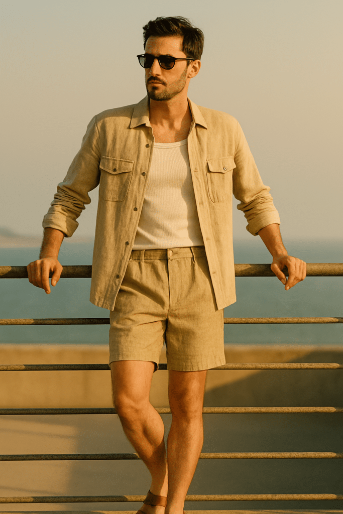 male model wearing a fitted ribbed knit tank top, tan linen overshirt, matching linen shorts, and premium leather sandals.