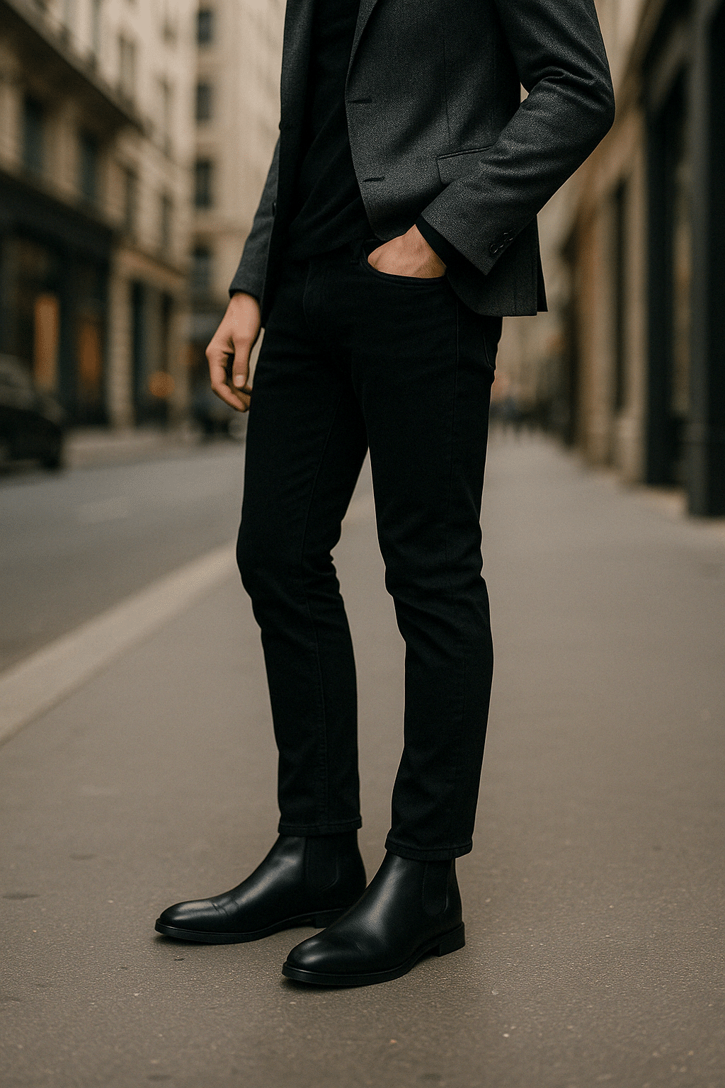 guy wearing a grey and black business casual outfit for work during spring summer