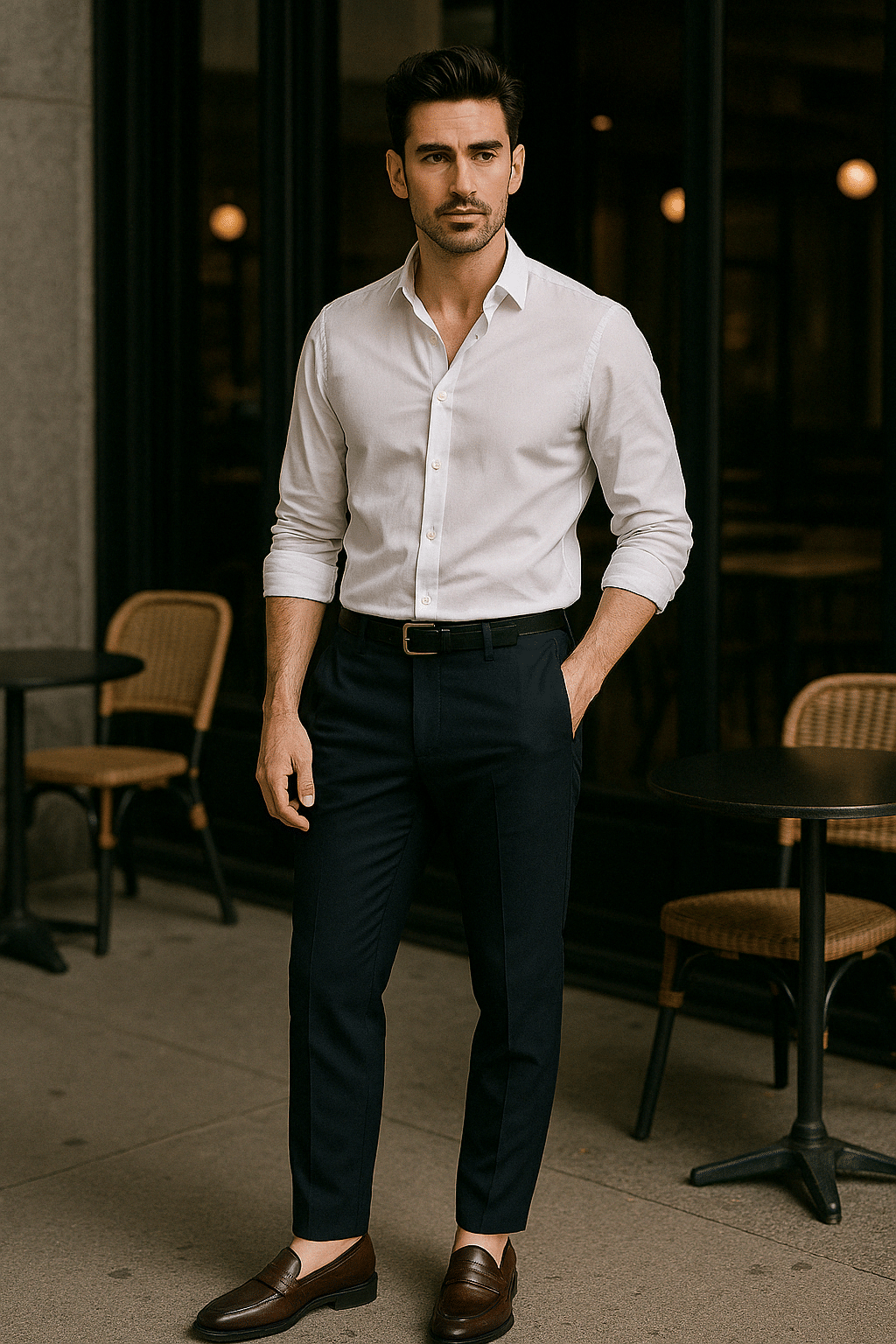 business casual men - white shirt outfit ideal for coffee business meetings during spring and summer