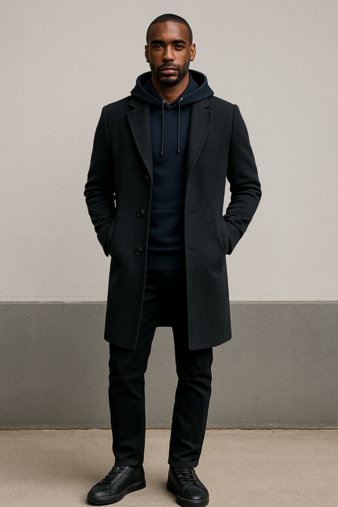 a black male around 35 years old with a smart casual winter business outfit