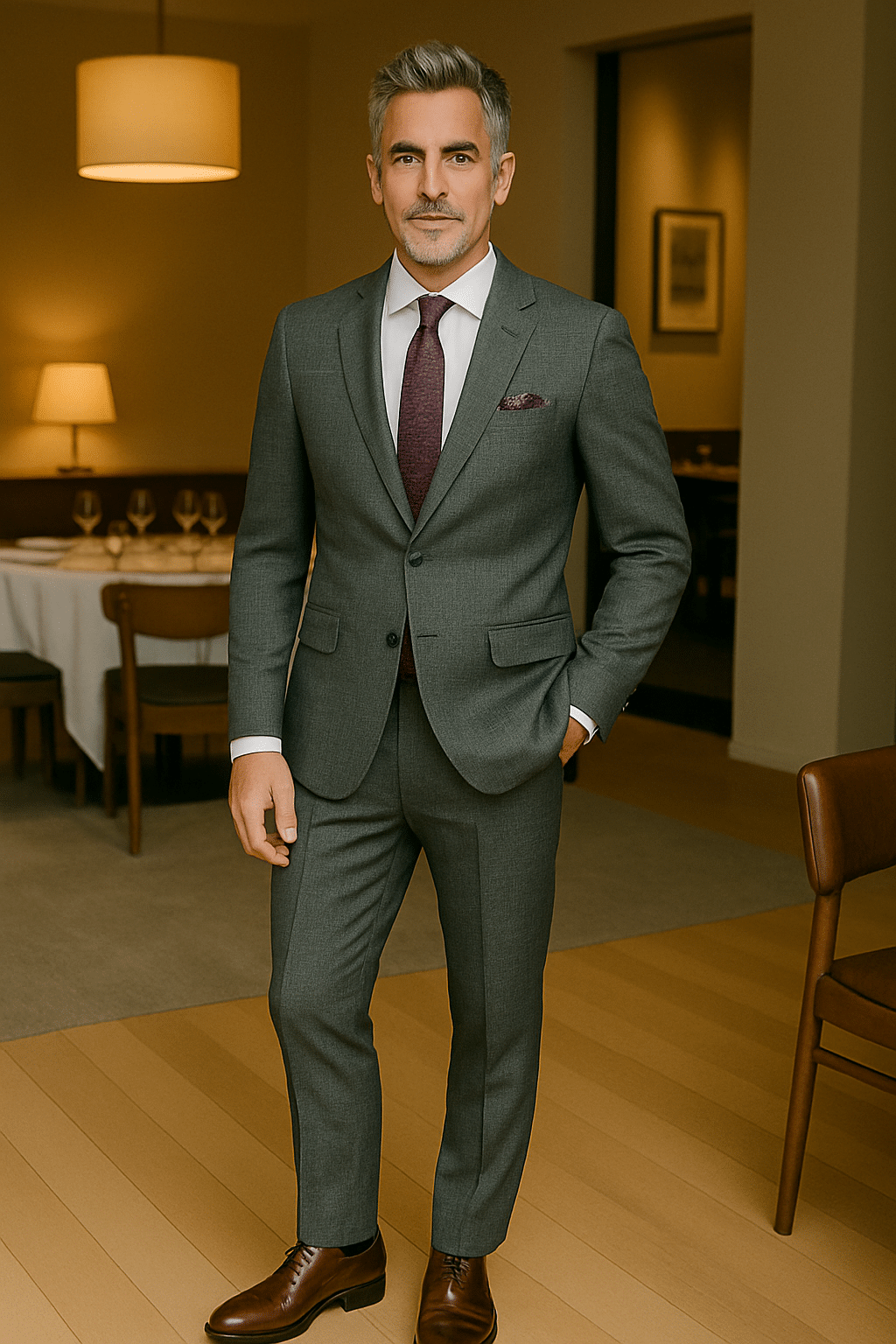 a mature man wearing a gray suit and burgundy shoes