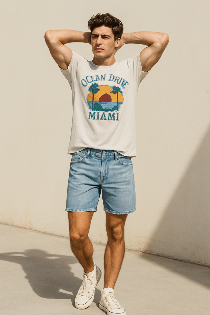 male model in a vintage-inspired graphic t-shirt, light wash denim shorts, and classic high-top sneakers.