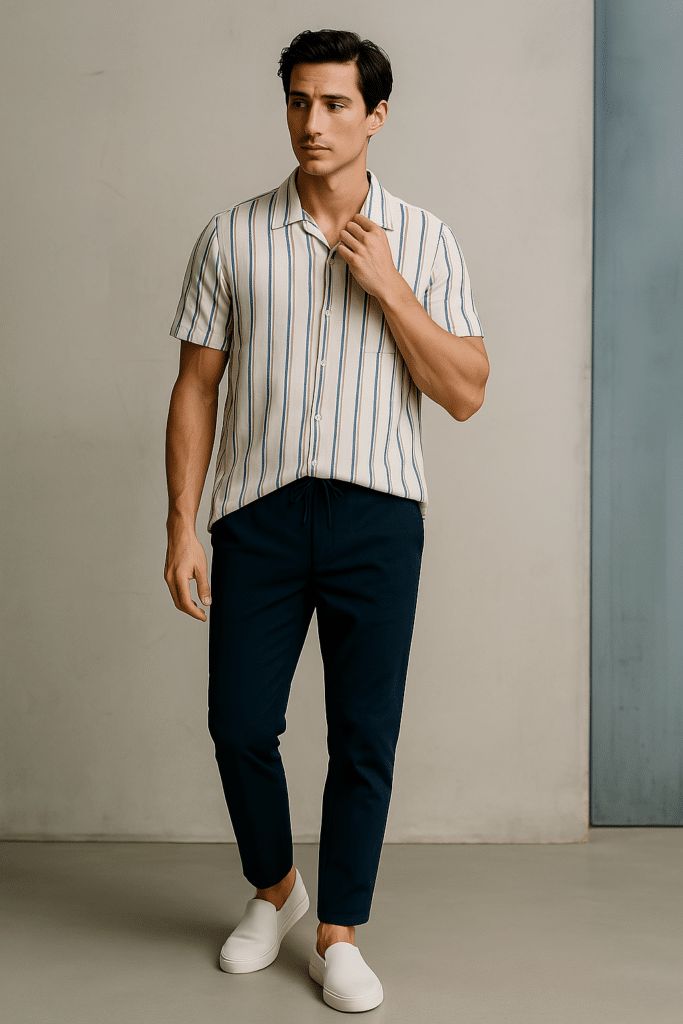 summer work outfits men - male model in a striped short-sleeve button-up shirt, navy blue drawstring tailored trousers, and white canvas slip-on shoes.