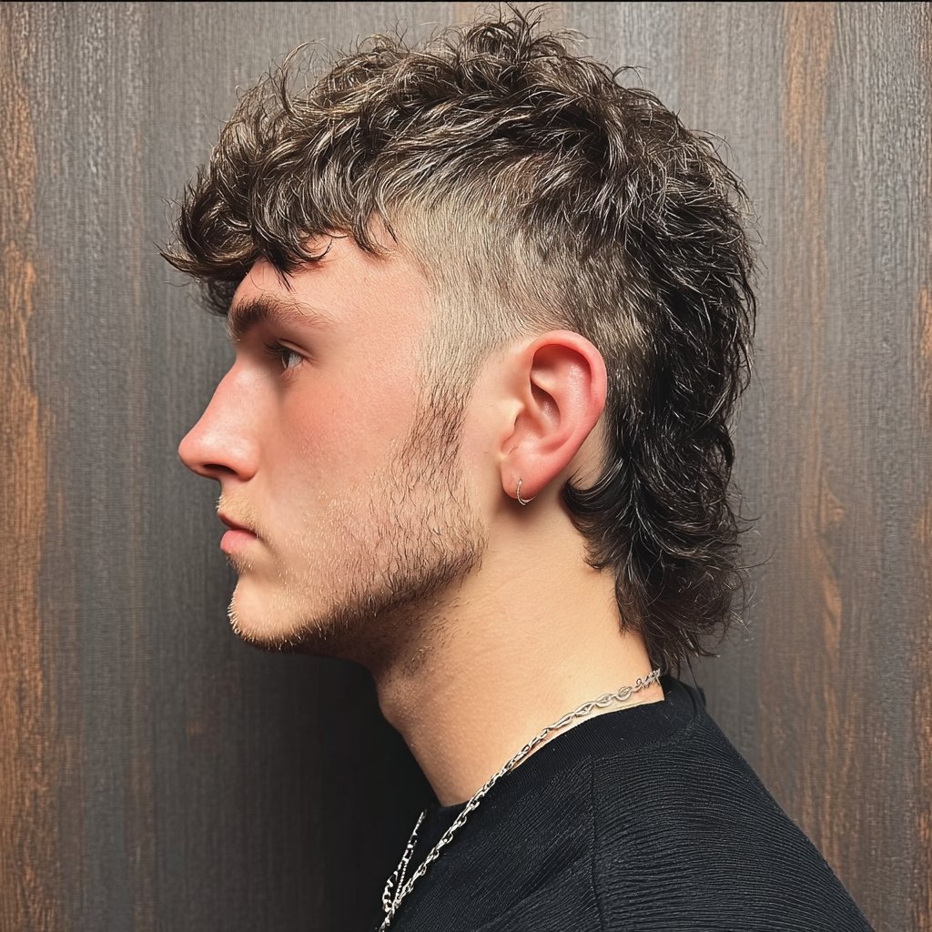 a young man with a high taper fade modern mullet, featuring short tapered sides, curly textured hair on top