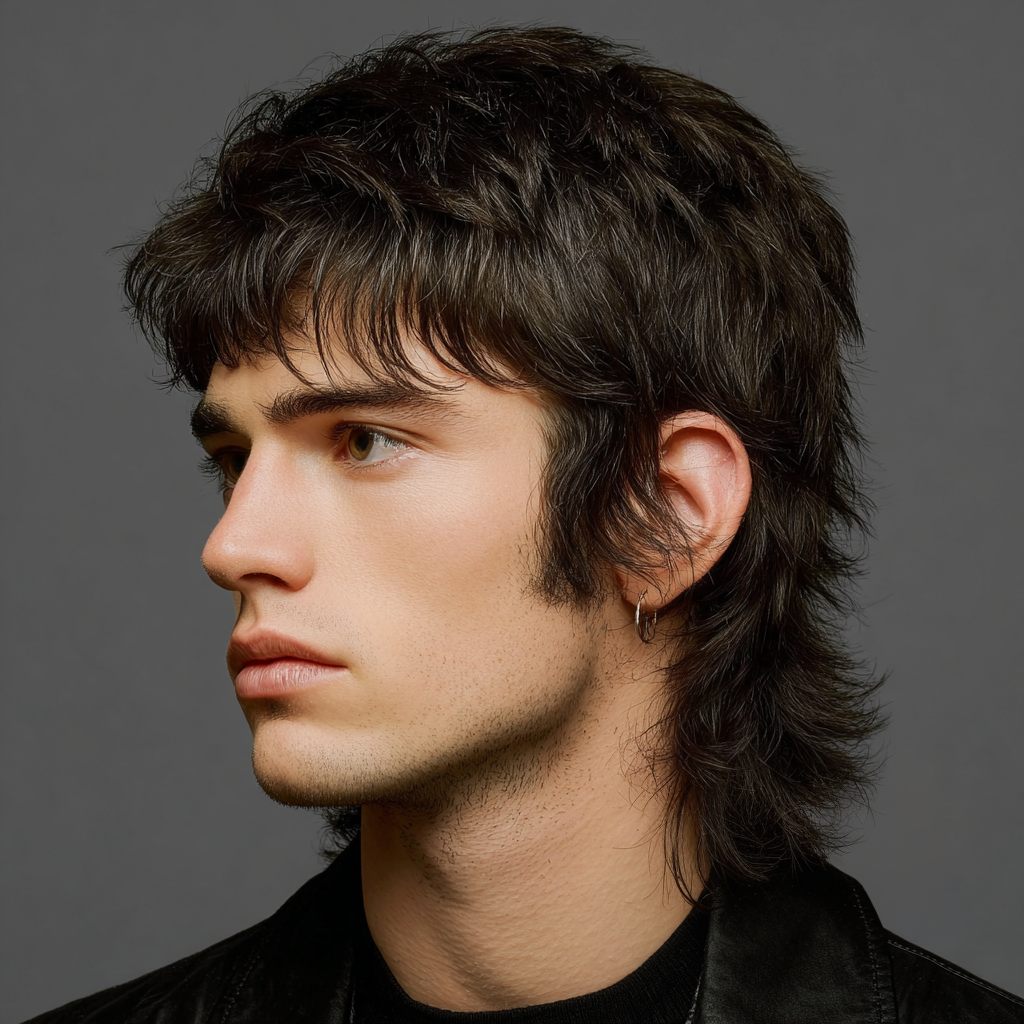 Profile of a young man wearing a modern mullet with shaggy texture