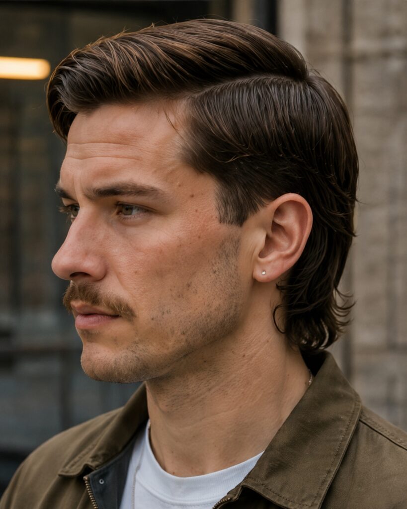 Ivy League mullet with side-parted top