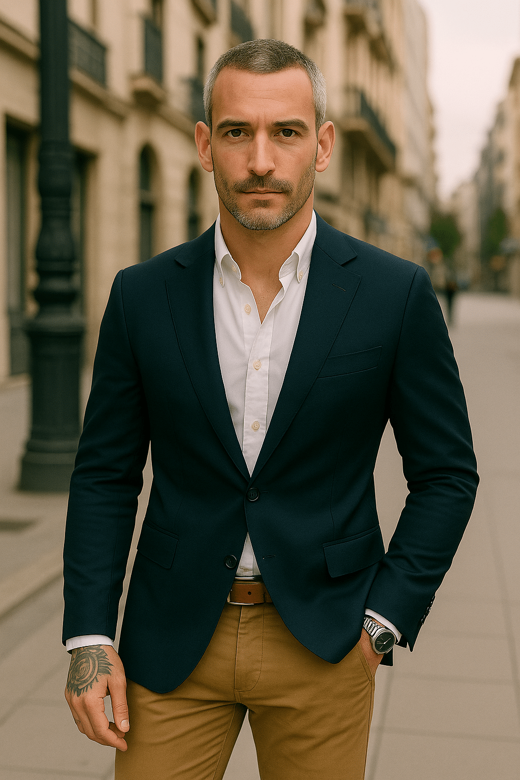 an attractive mature man with a buzzcut and wearing a casual outfit