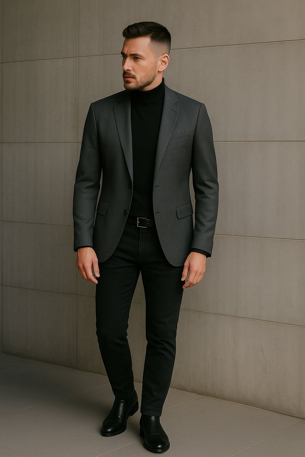charcoal grey jacket with black denim pants