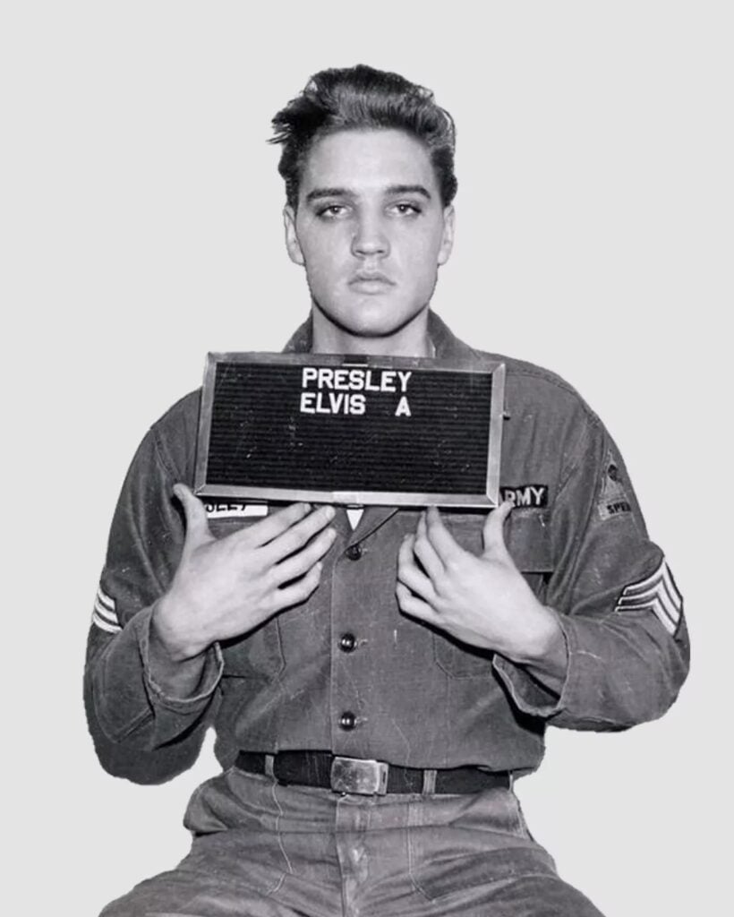 Elvis Presley with a Canadian Tuxedo - mugshot 1956
