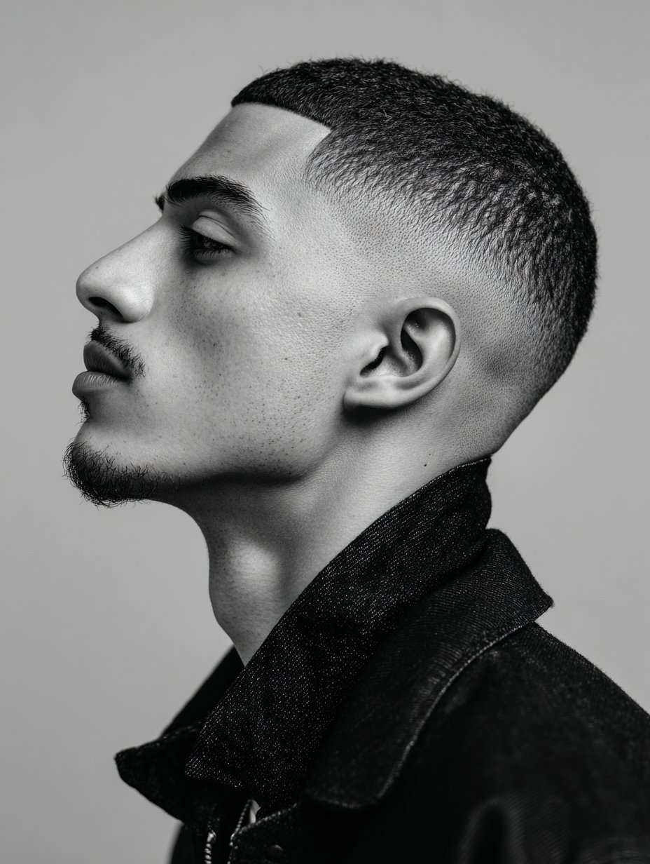 a black latino guy with a sharp and short caesar cut